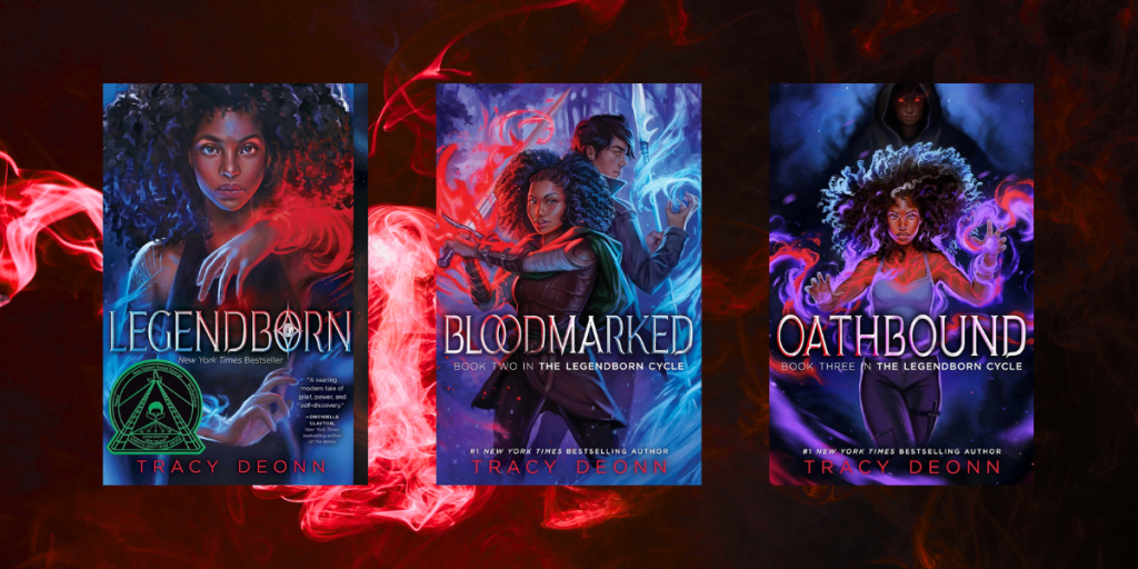 Bookcovers for Legendborn Bloodmarked and Oathboud by Tracy Deonn with red background
